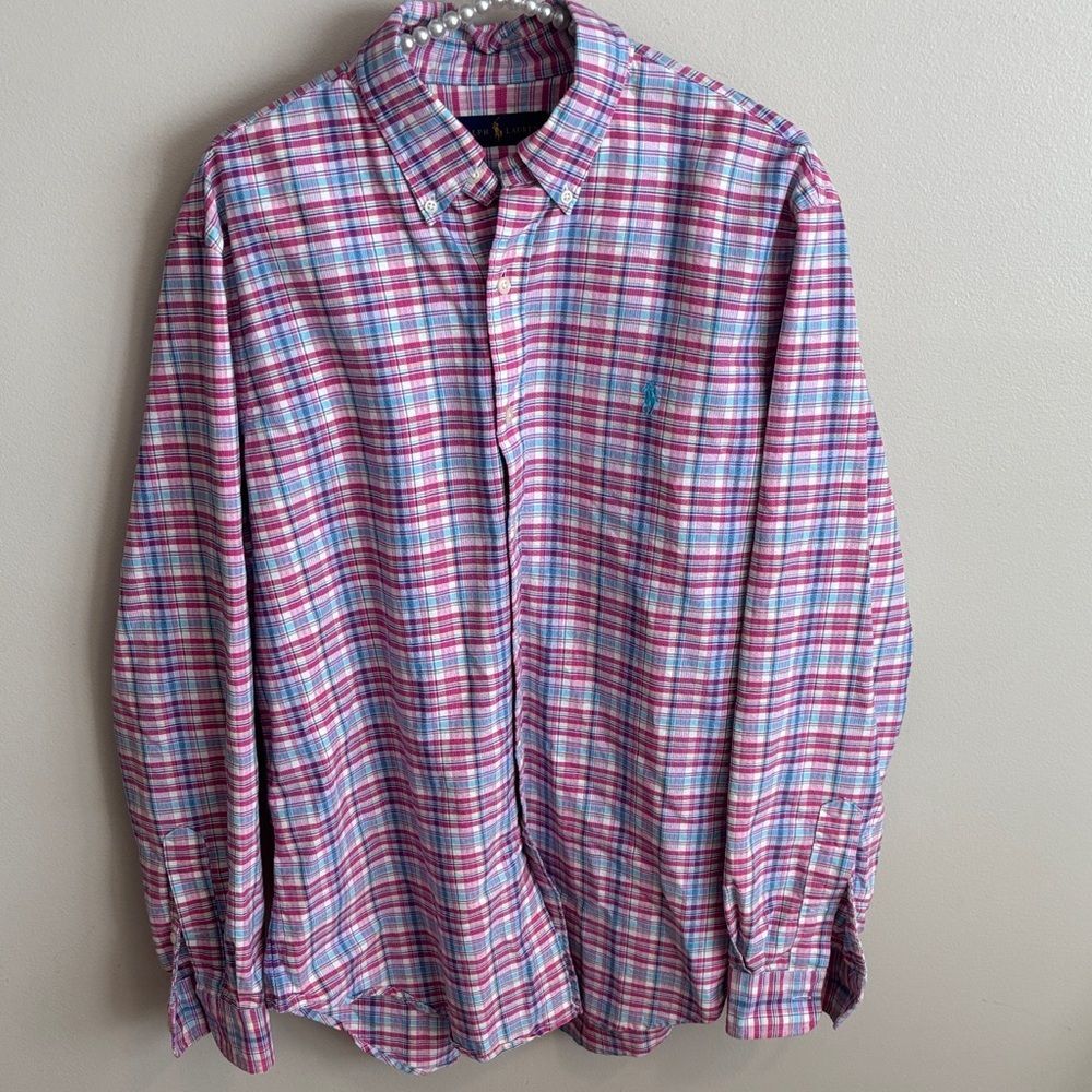 Ralph Lauren Pink and Blue Plaid Button-Down Shirt size large